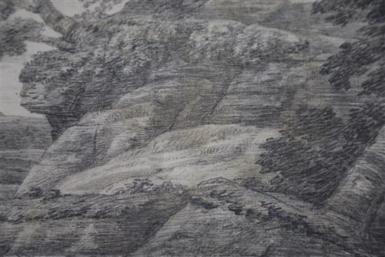 Richard Cooper Jnr (1740-1814), pencil on paper, Rocky river landscape, J S Maas label verso, 27 x 38.5cm